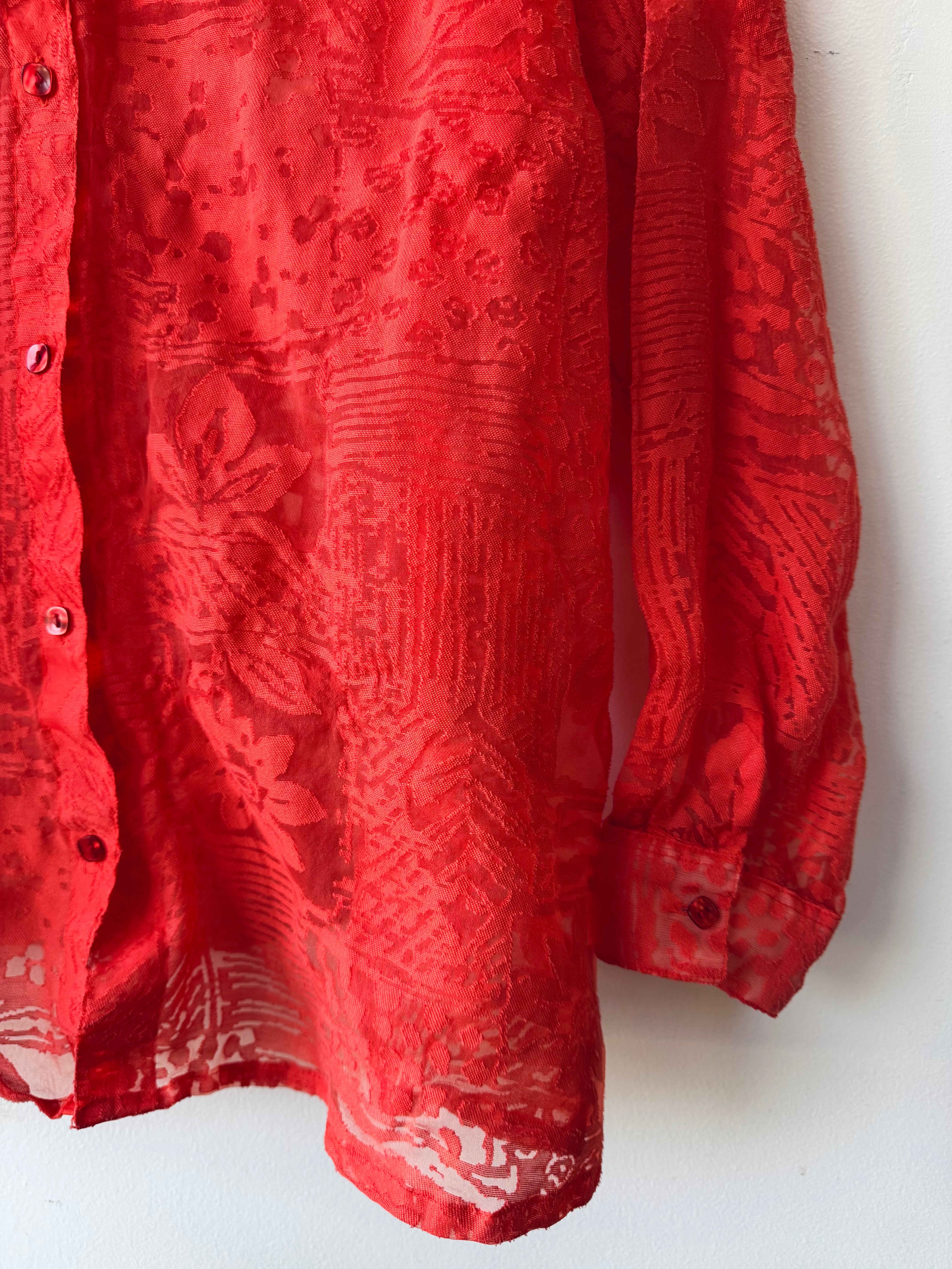 Coral sheer burnout button-up blouse