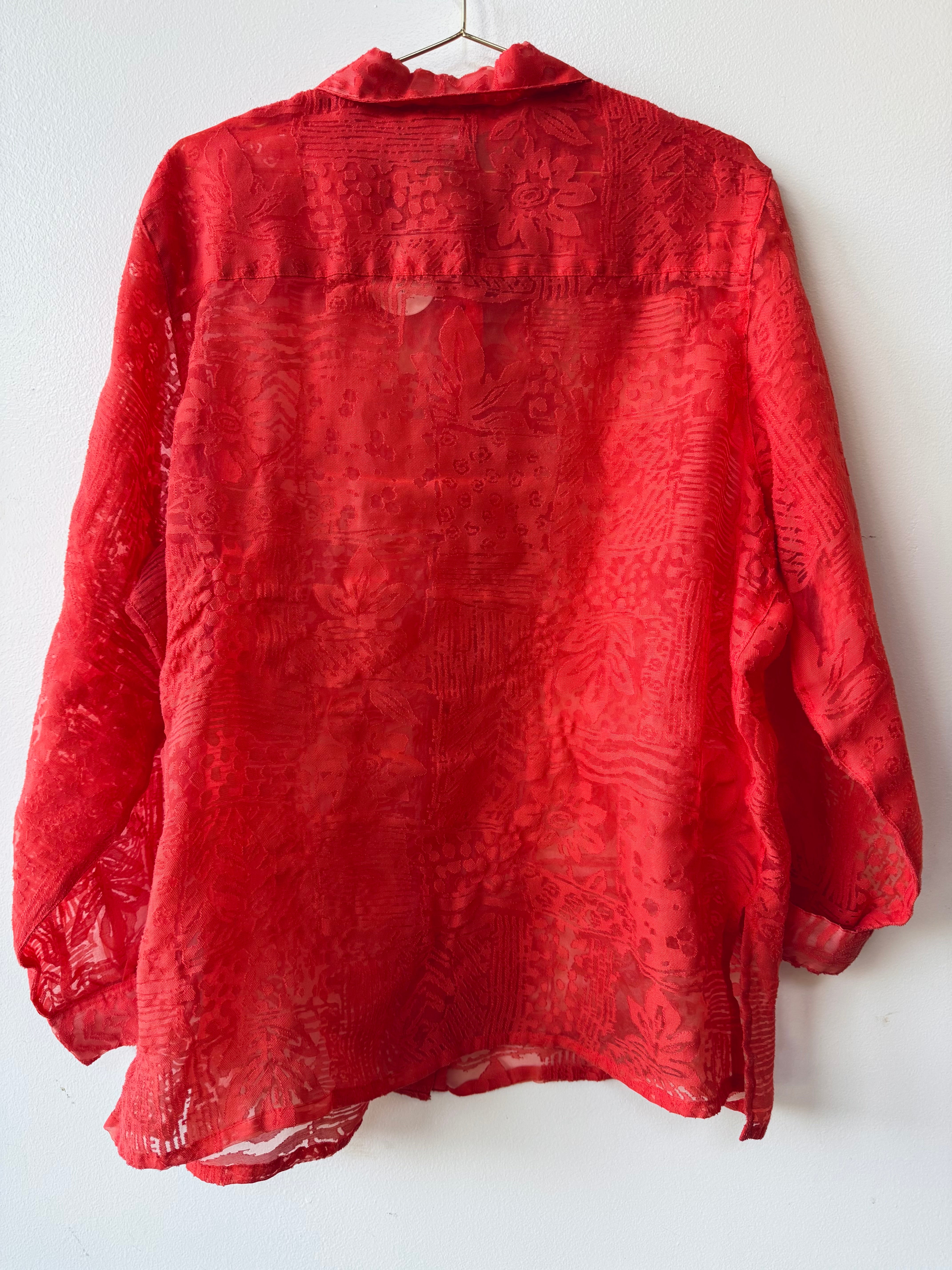 Coral sheer burnout button-up blouse