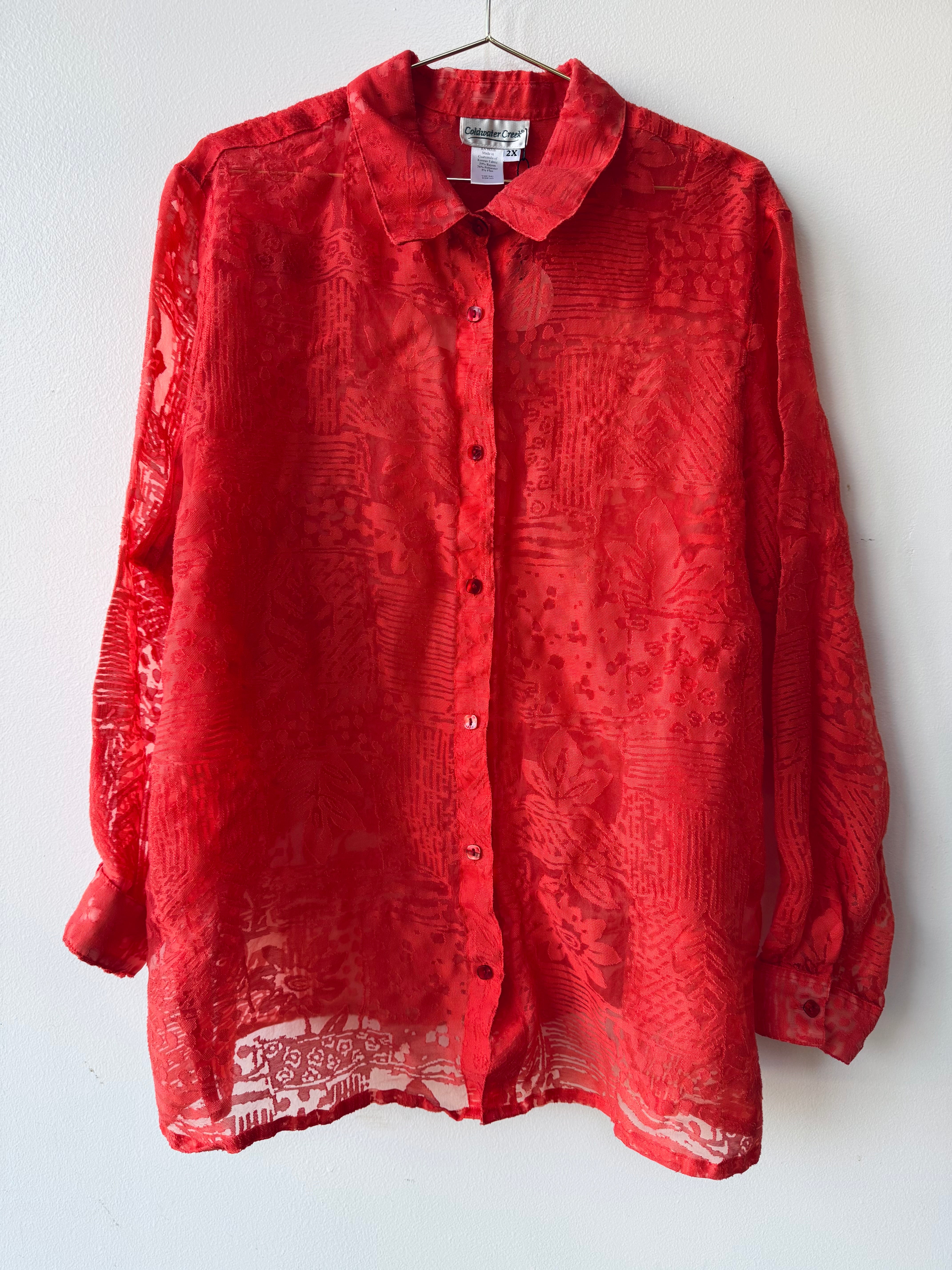 Coral sheer burnout button-up blouse