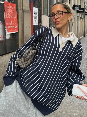 Striped Long-Sleeve Polo Top