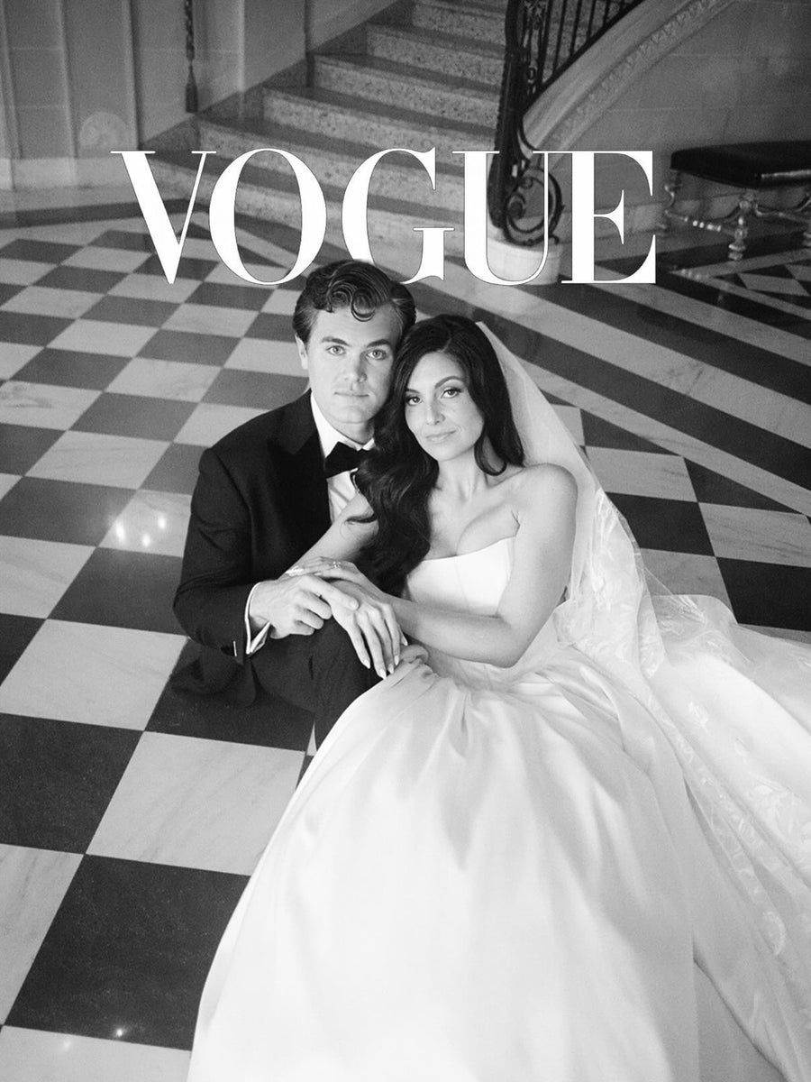Sara & husband featured in Vogue — B&W on marble checkerboard floor with sweeping veil